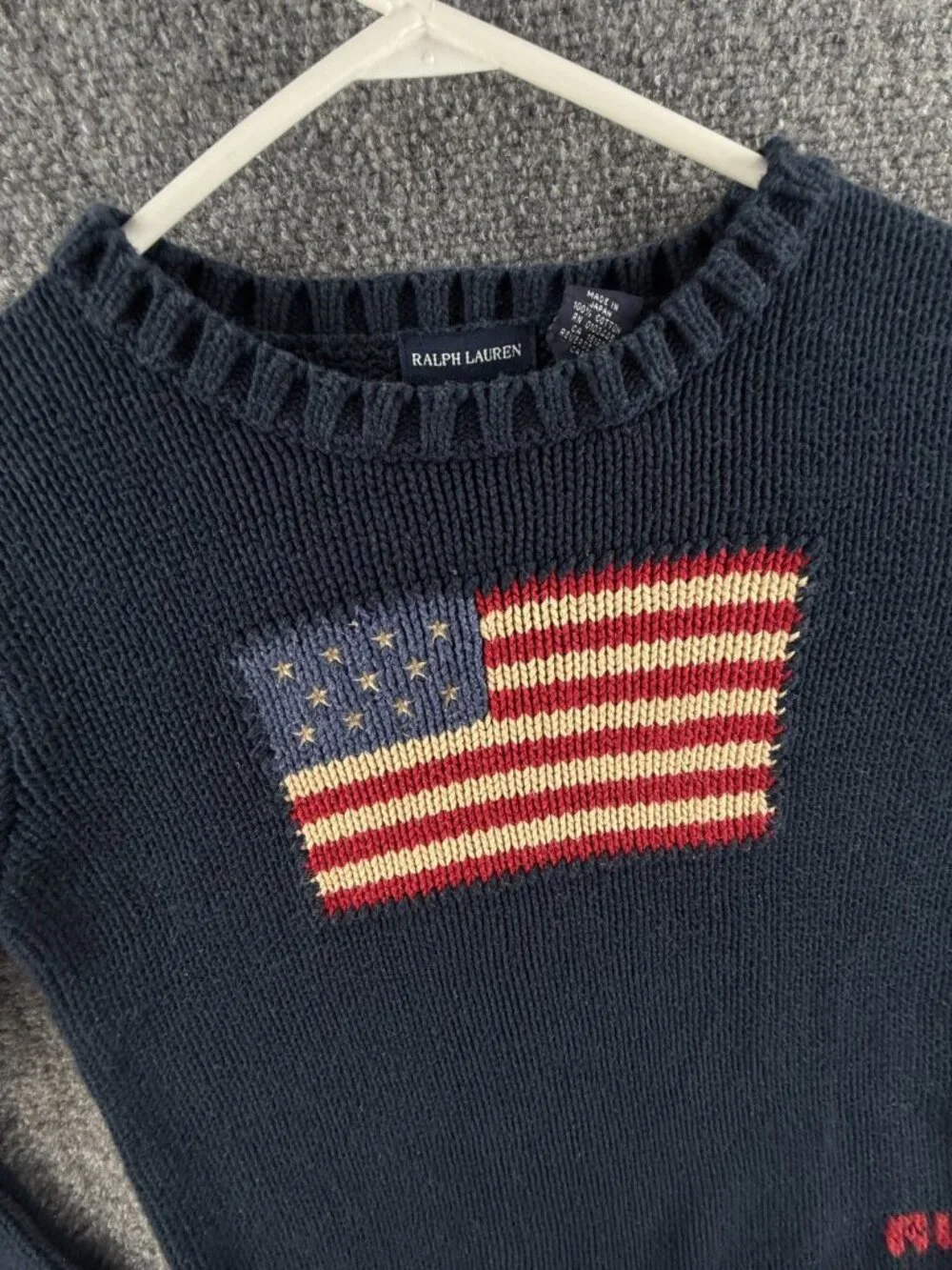 Ralph Lauren Boys Flag Sweater USA Large Cotton Japan Made Navy Blue Crew Neck